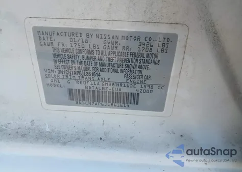 2018 Nissan Versa 1.6 Sv from USA, damaged, VIN 3N1CN7AP6JL861614